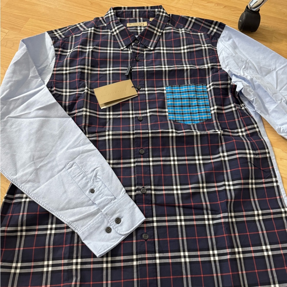 Burberry Blue Casual Button Down Shirt with Plaid Design